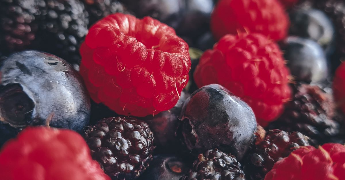 Gros plan sur un mélange de framboises, myrtilles et mûres fraîches entassées.